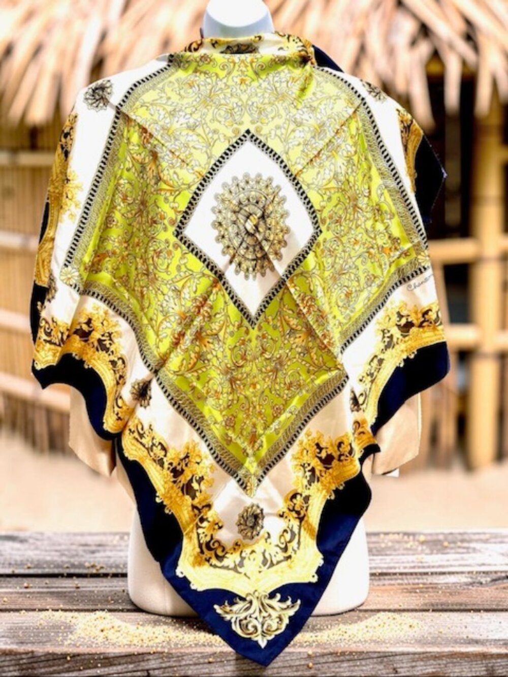 Soft Silk Scarf Chanson Similar to Hemes beige back green Gold Mint arts 35"(17 - Picture 3 of 10
